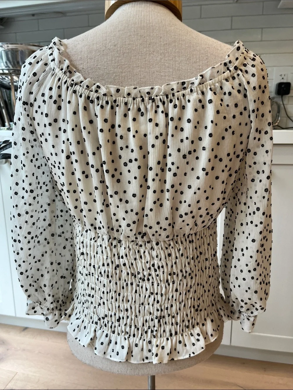 Anthropologie Lucia Cream with Black Polka Dot’s Wide Smocked Waist Top - Picture 7 of 10
